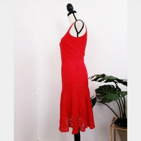 NWOT💕H & M Holiday Red Lace Midi Fit Flare Dress - Picture 4 of 12